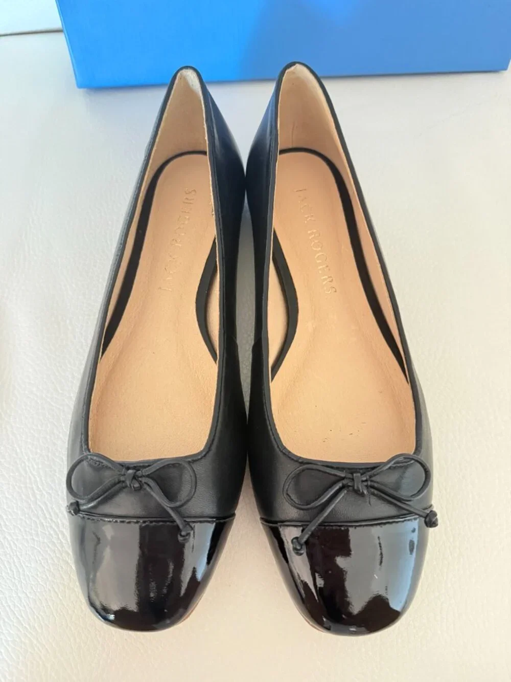 NIB JACK ROGERS KENLYN CAP TOE BALLET SHOES BLACK LEATHER / PATENT LEATHER 9